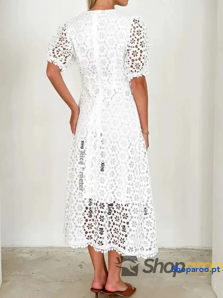 Eyelet Lace V-Neck Midi Dress with Puff Sleeves