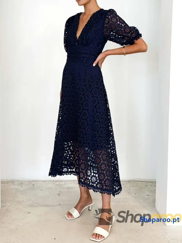 Eyelet Lace V-Neck Midi Dress with Puff Sleeves