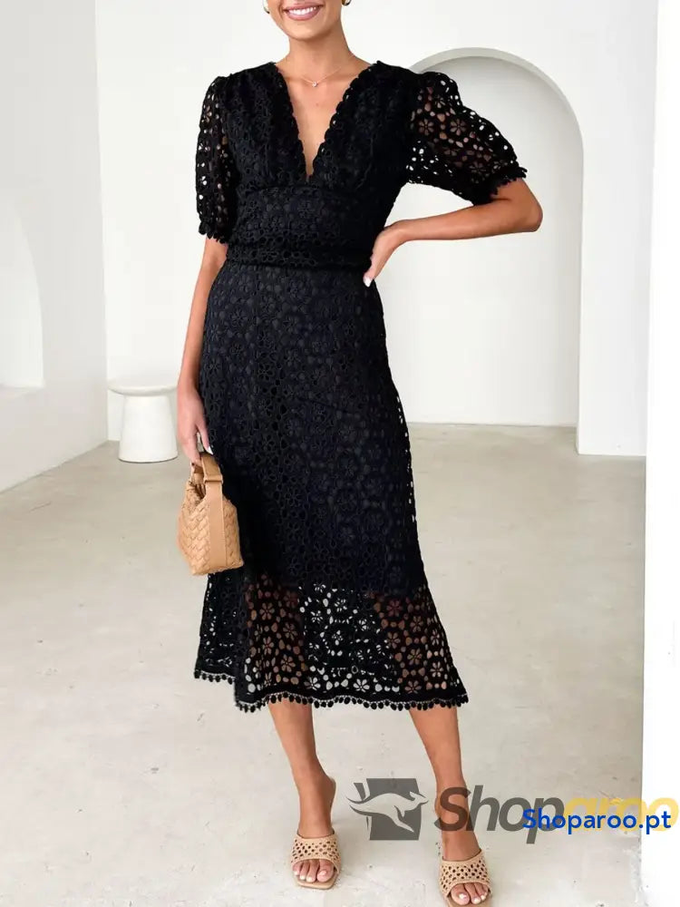 Eyelet Lace V-Neck Midi Dress with Puff Sleeves