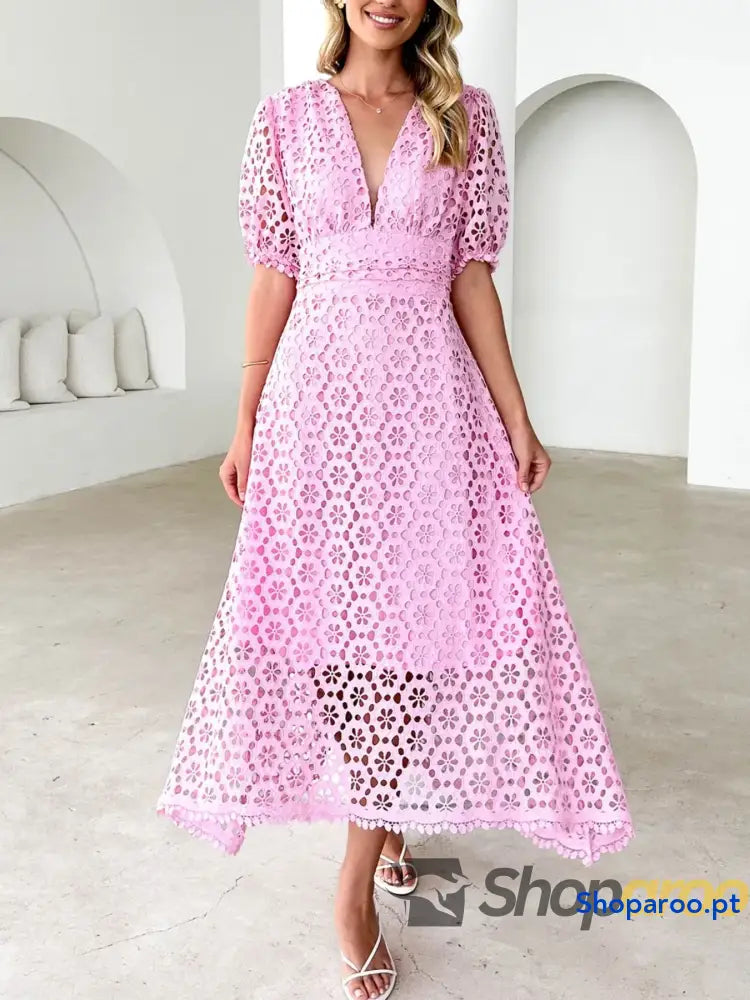 Eyelet Lace V-Neck Midi Dress with Puff Sleeves