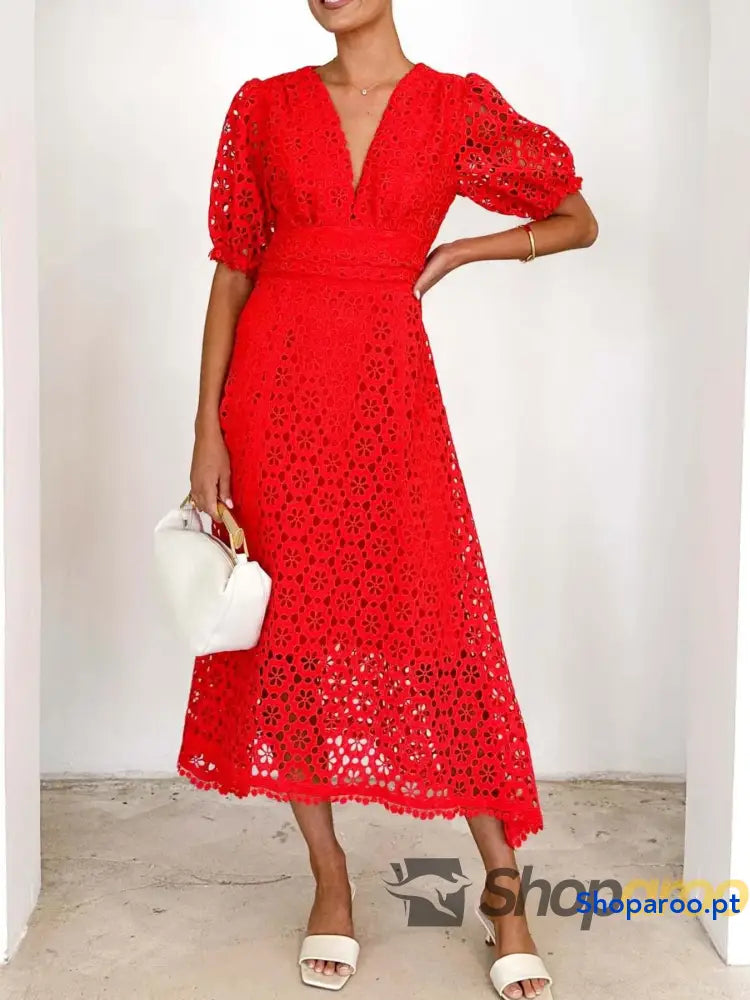 Eyelet Lace V-Neck Midi Dress with Puff Sleeves