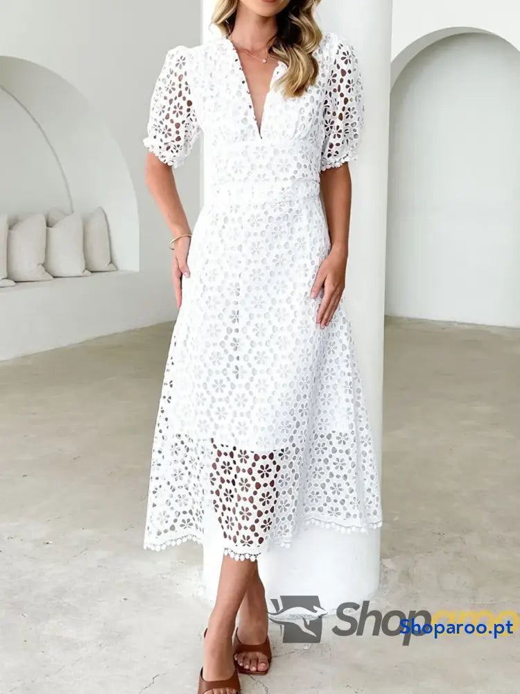 Eyelet Lace V-Neck Midi Dress with Puff Sleeves