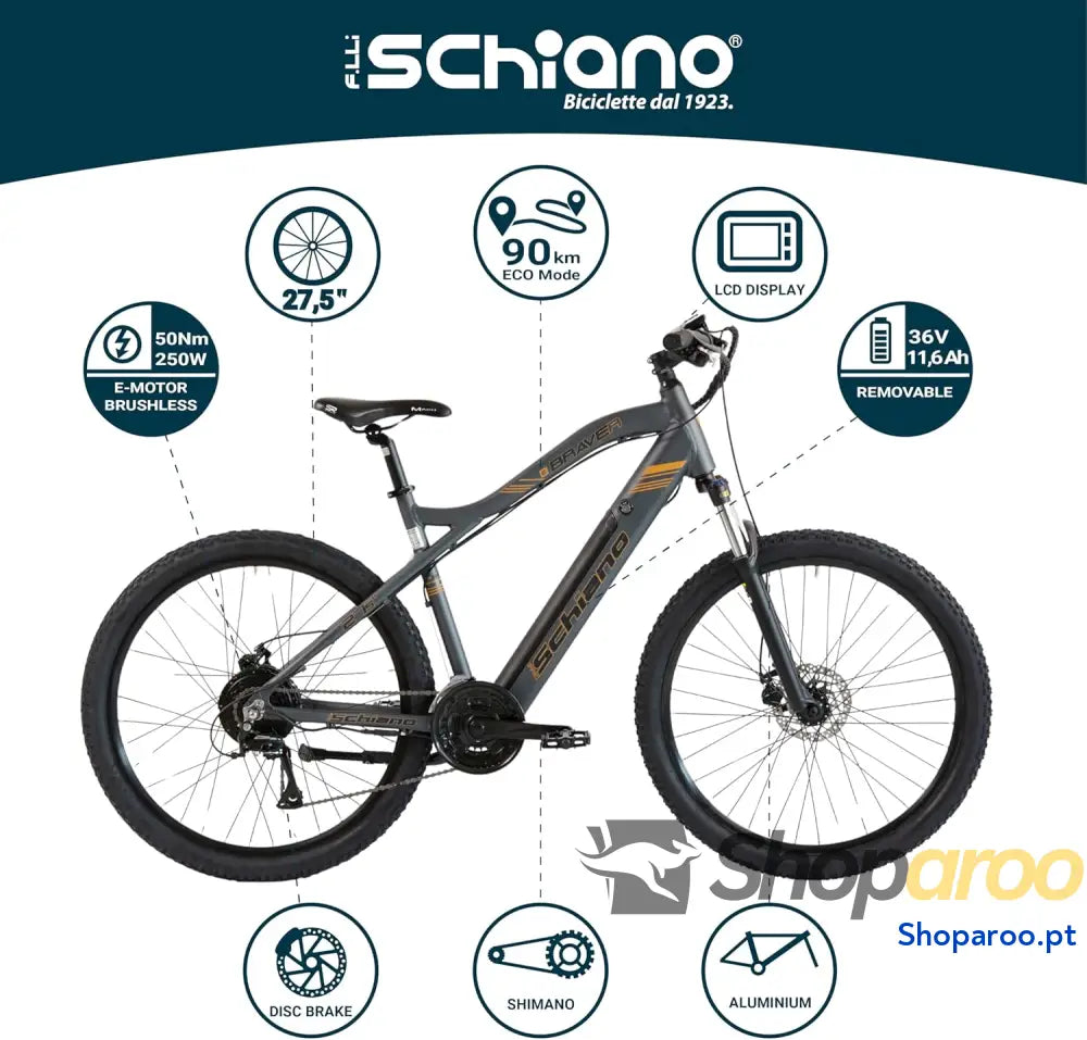 F.lli Schiano Braver bicicleta elétrica MTB 27,5’’ bateria de 36 V 11,6 Ah removível motor 250 W 50 Nm montanha