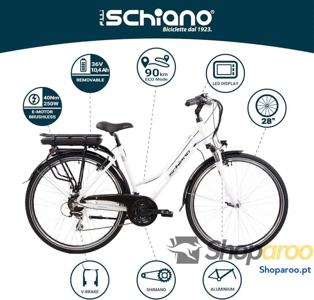 F.lli Schiano E Ride Bicicleta Elétrica de Trekking 28’’ Bateria 36V 10,4Ah Removível Motor 250W 40Nm Urbana Unisexo