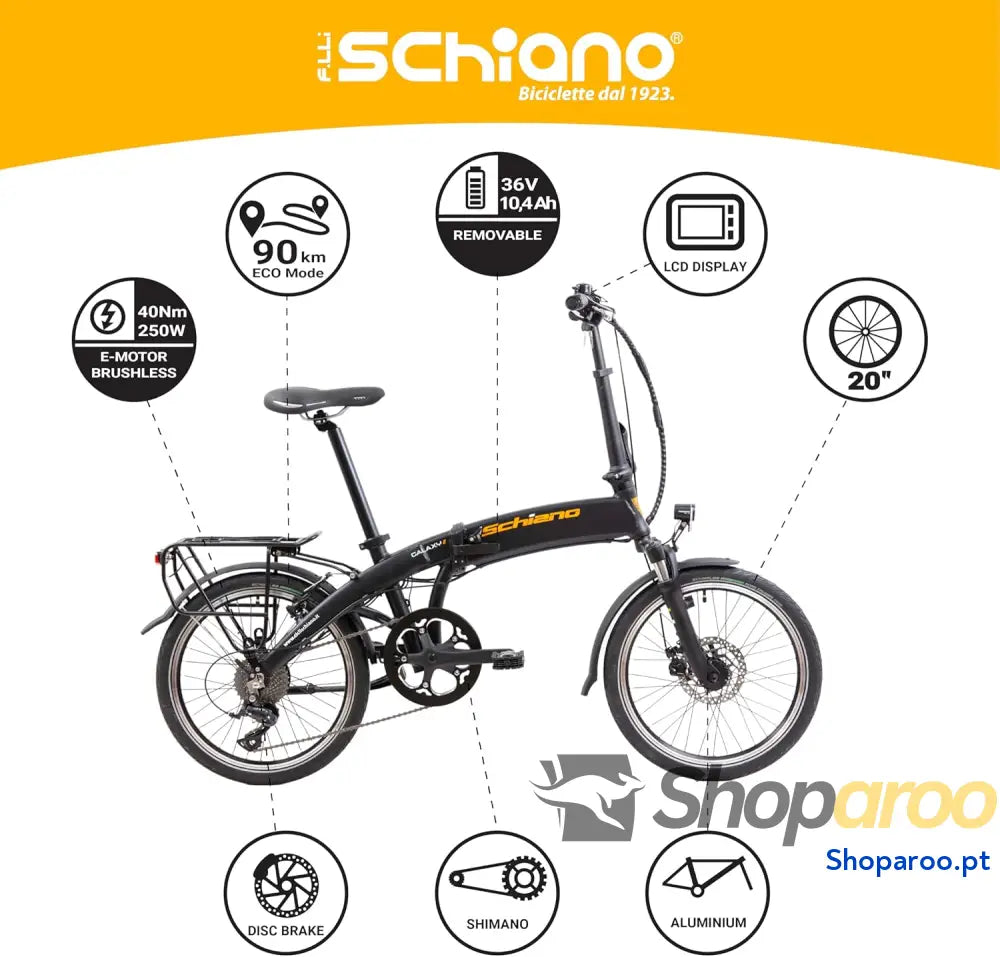 F.lli Schiano Galaxy bicicleta elétrica dobrável 20’’ bateria de 36 V 10,4 Ah removível motor 250 W 40 mm urbana