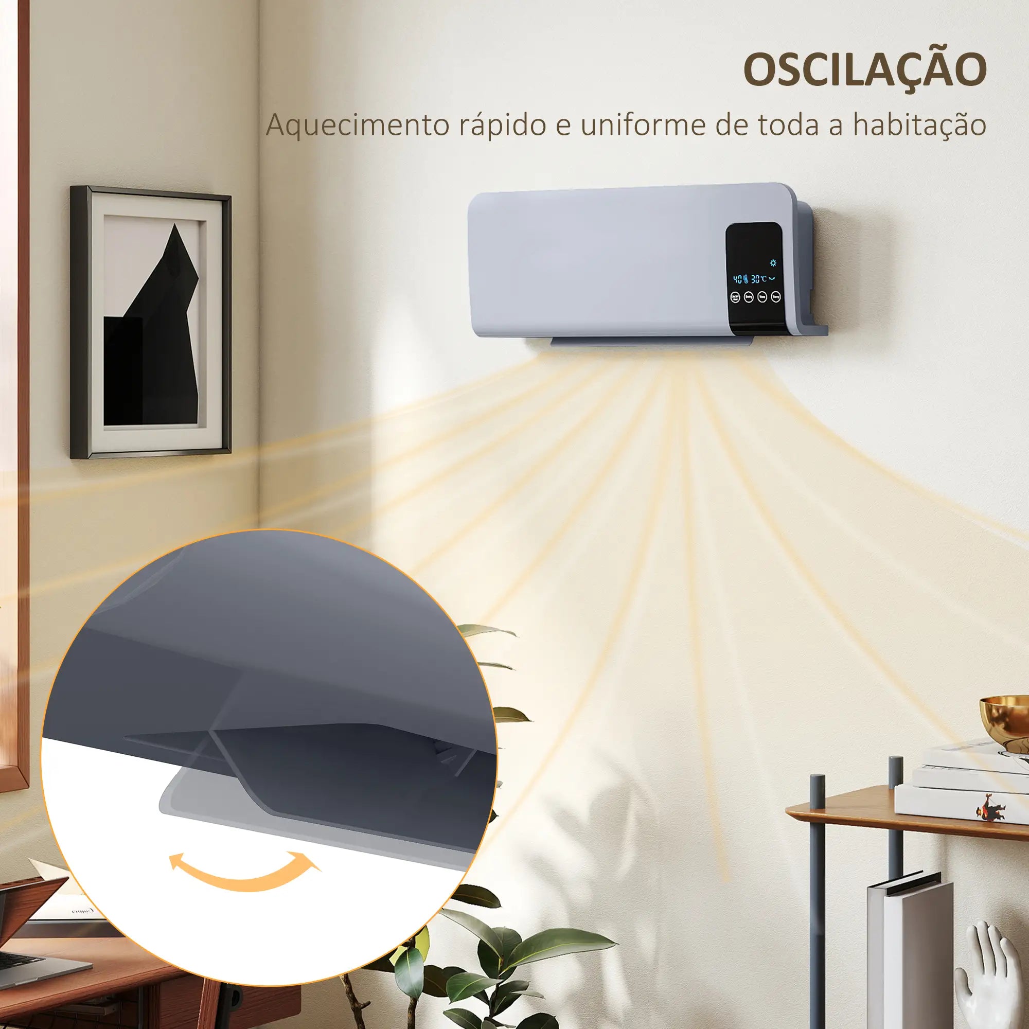 Aquecedor Elétrico de Parede 1000W/2000W com Ecrã LED Controlo Remoto Termostato Temporizador para Áreas de 15-20 m² 54,5x12x21,5 cm Cinzento