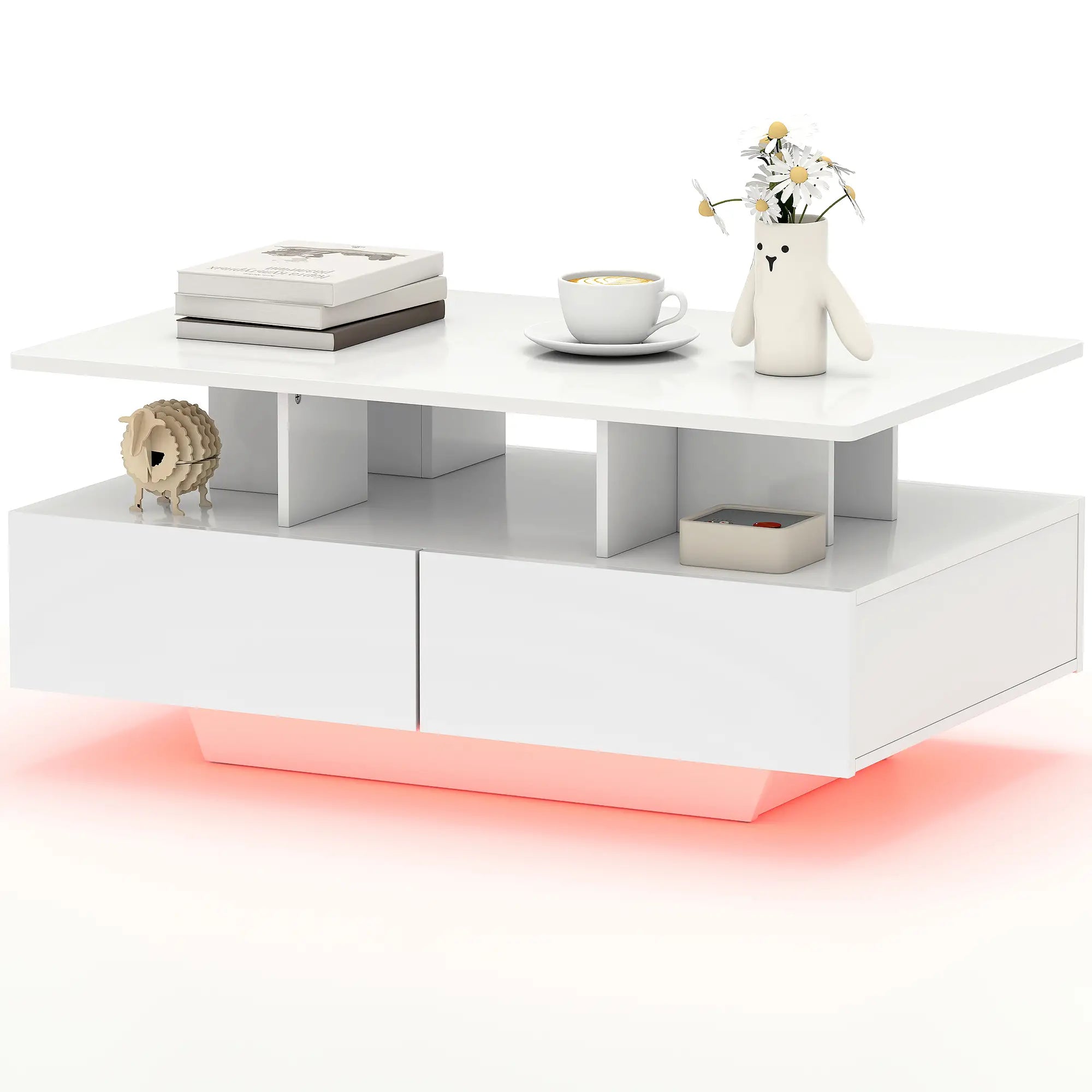 Mesa de Centro Moderna com LED 4 Gavetas Prateleira Aberta e Luzes LED de 16 Cores 90x55x41 cm Branco Brilhante