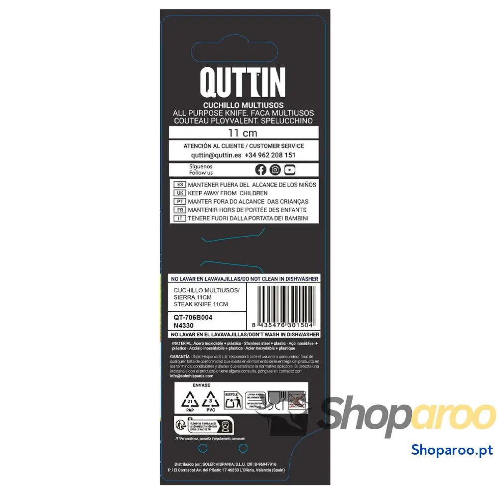 Faca de Cozinha Quttin Laos Preto Prateado 11 cm Multiusos (36 Unidades)