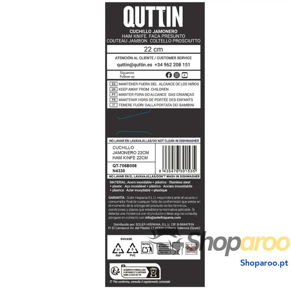 Faca de Presunto Quttin Laos 22 cm Preto Prateado (36 Unidades)