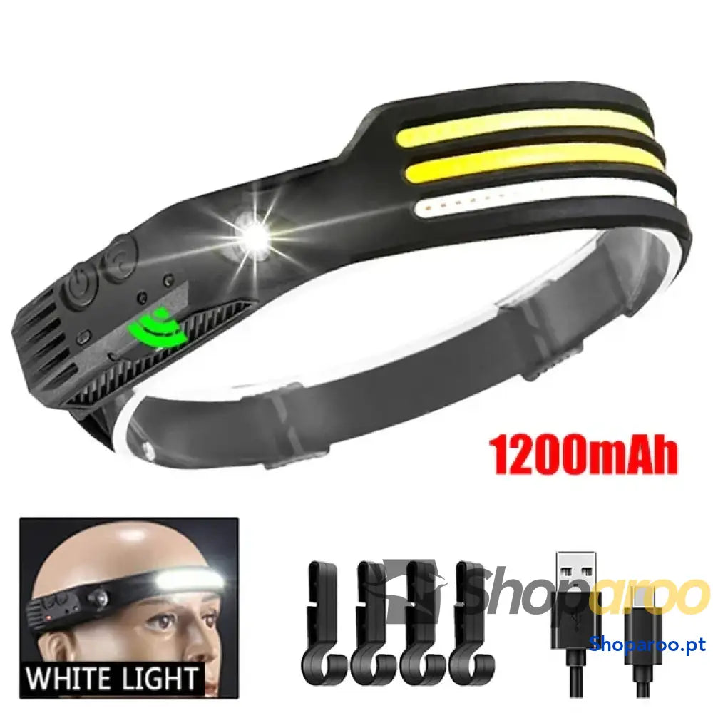 Farol LED COB farol de indução com bateria incorporada recarregável por USB lanterna cabeça para campismo ao ar livre