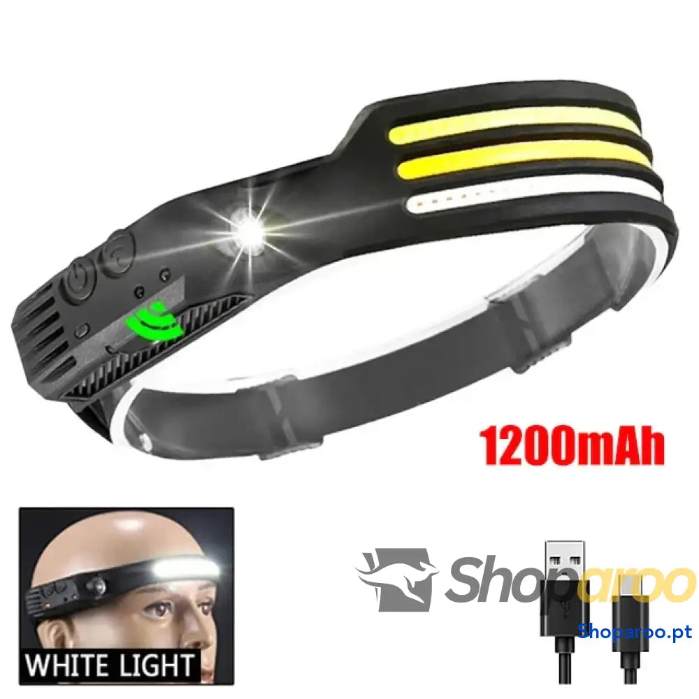 Farol LED COB farol de indução com bateria incorporada recarregável por USB lanterna cabeça para campismo ao ar livre