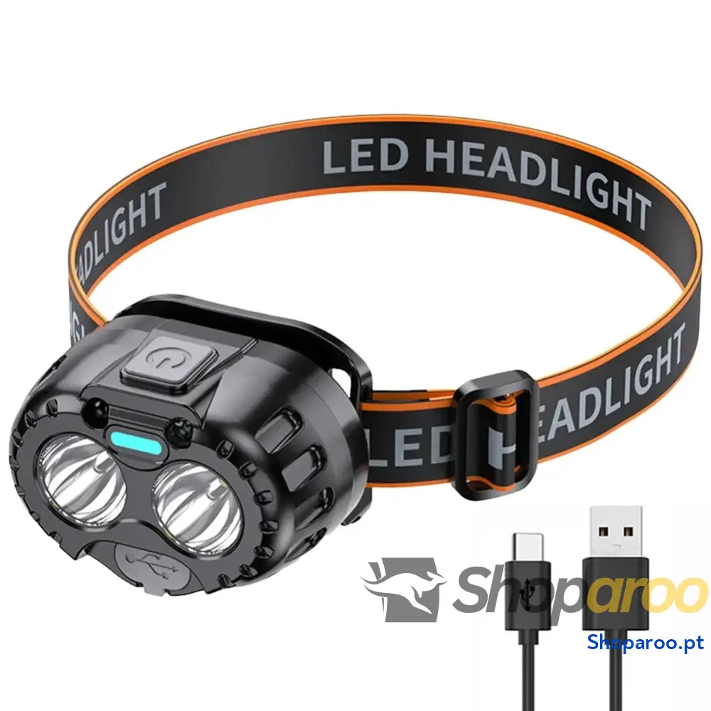 Farol LED de cabeça recarregável à prova água para camping e pesca