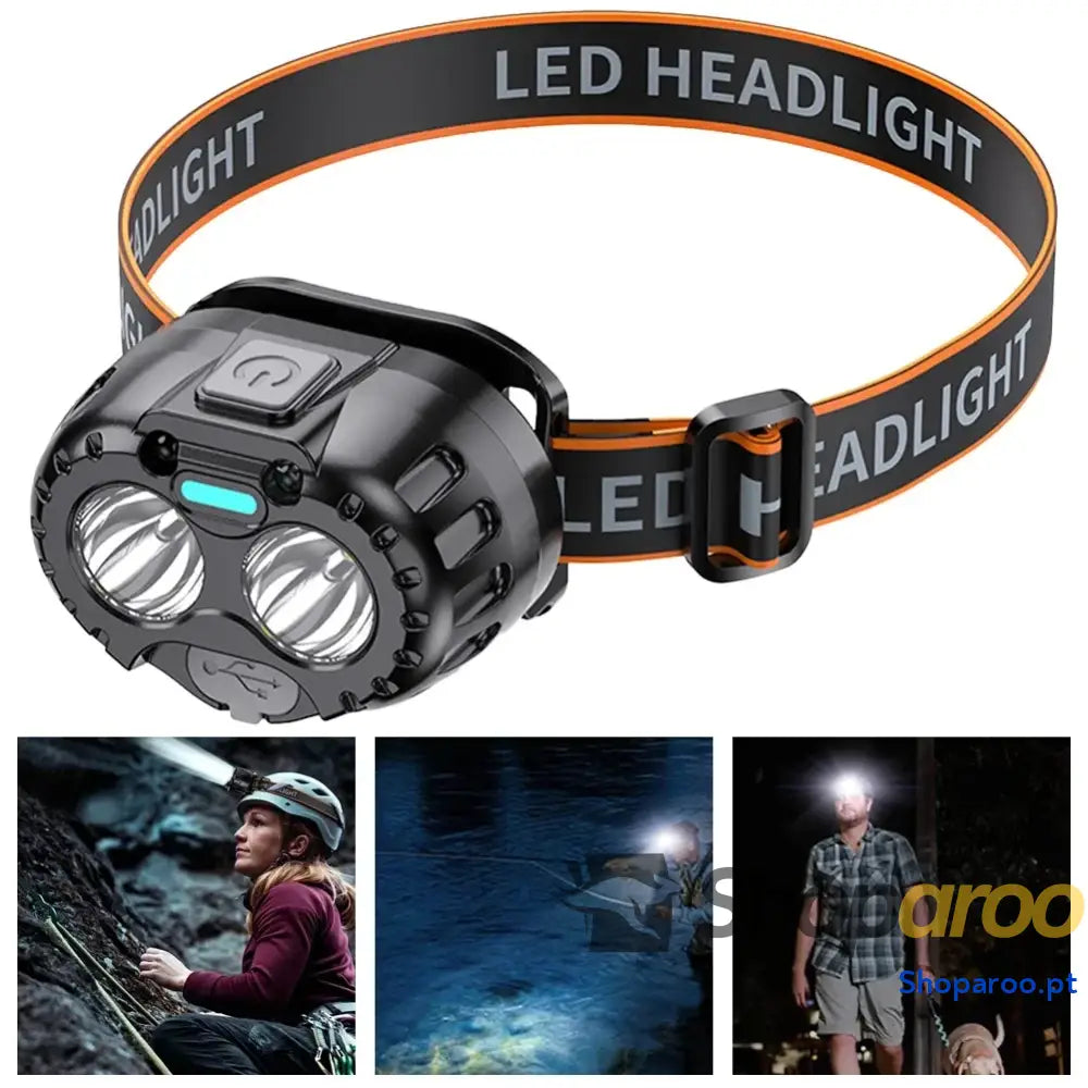 Farol LED de cabeça recarregável à prova água para camping e pesca