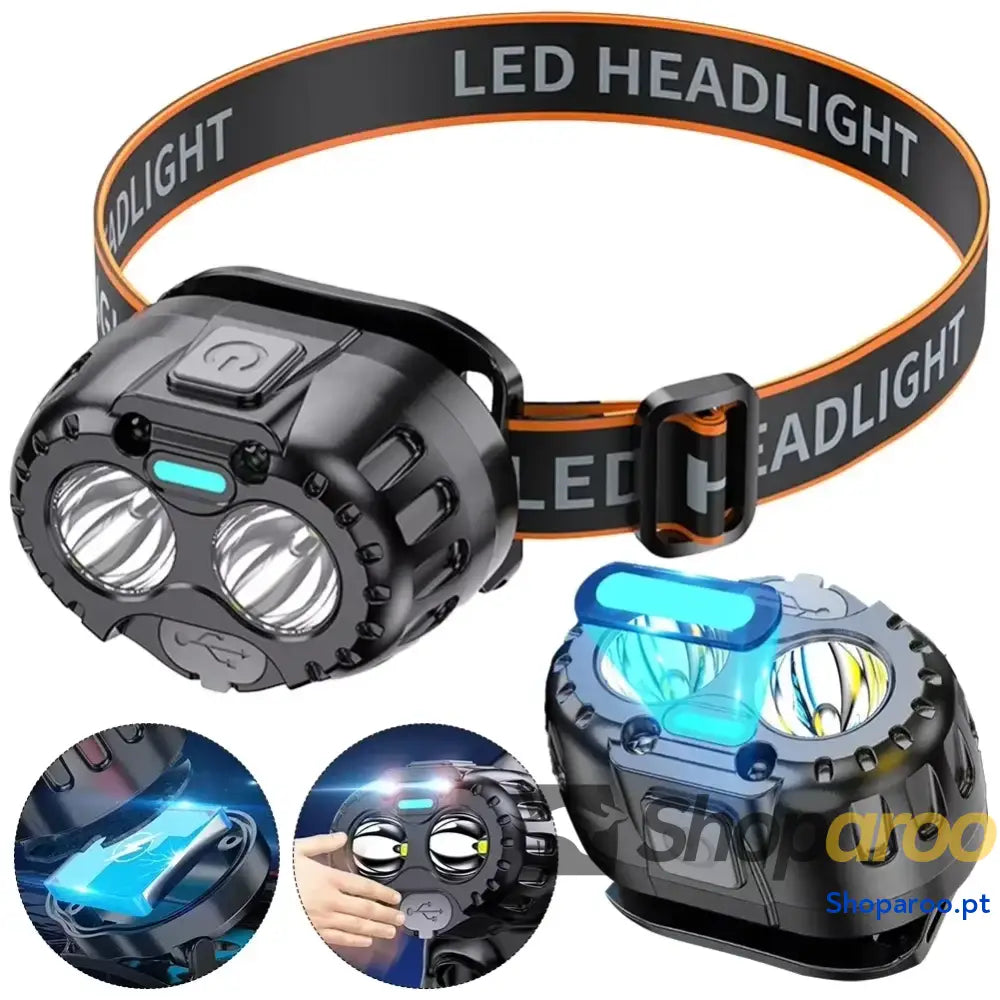 Farol LED de cabeça recarregável à prova água para camping e pesca