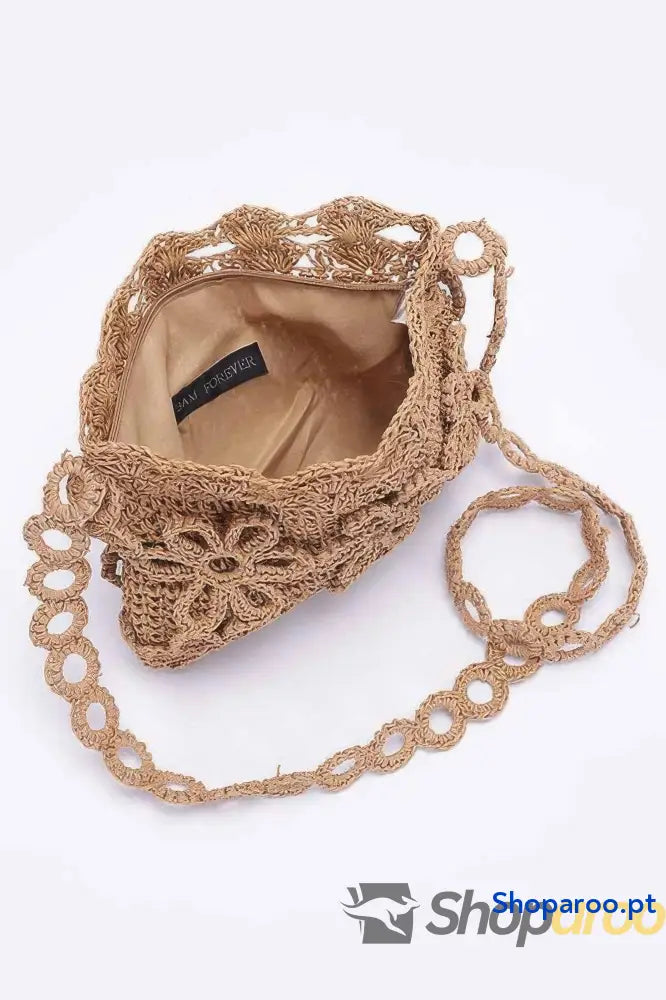 Bolsa tiracolo com flores feitas à mão em palha sintética