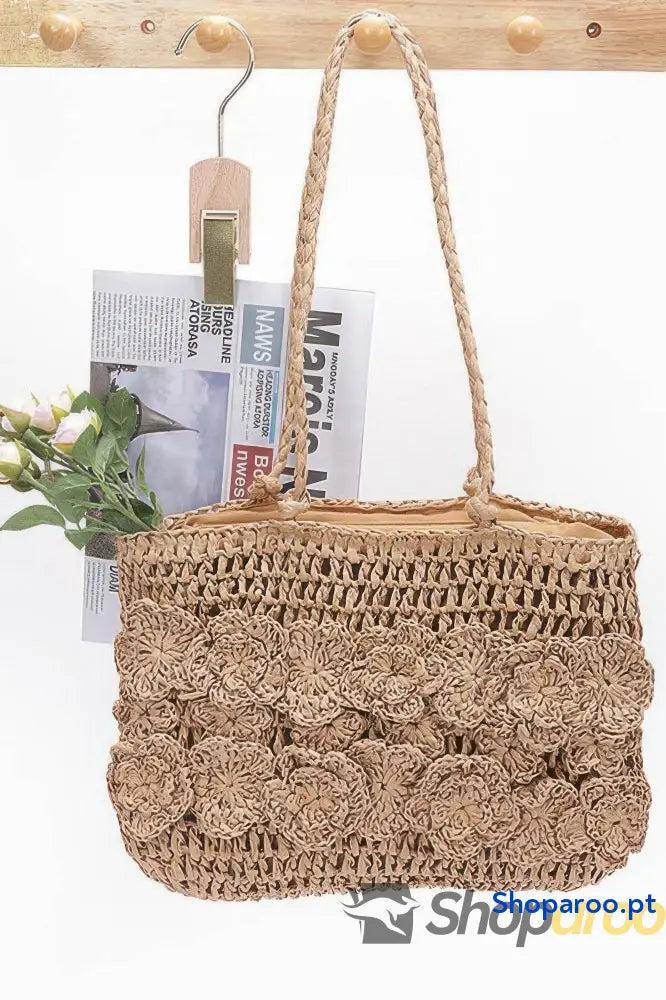 Bolsa tote em palha sintética com várias flores