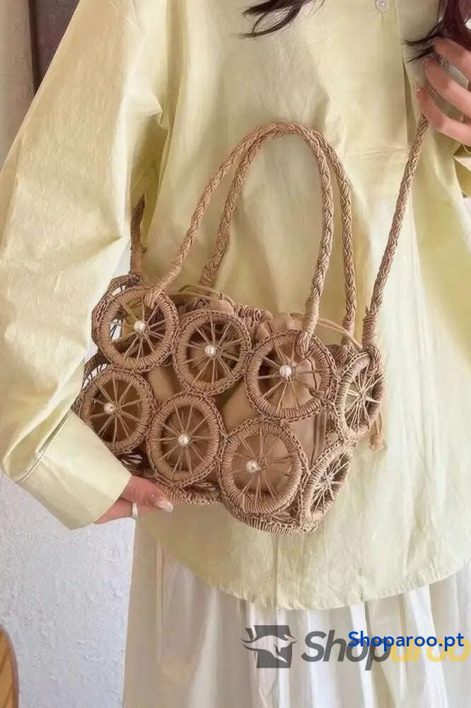 Bolsa redonda em palha sintética com alça superior Shoparoo