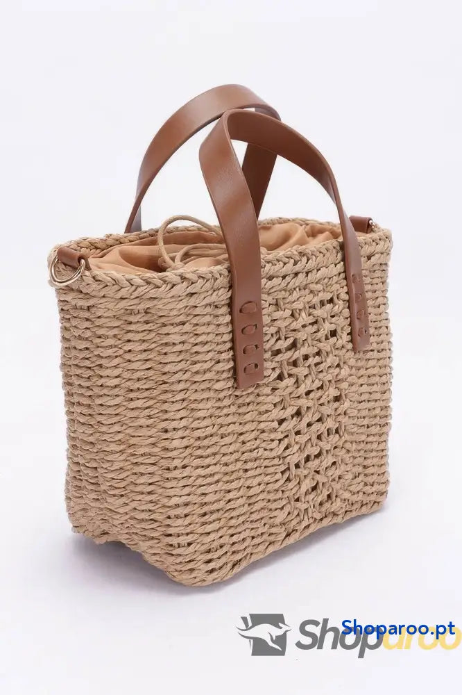 Tote bag pequena em palha sintética com alça castanha