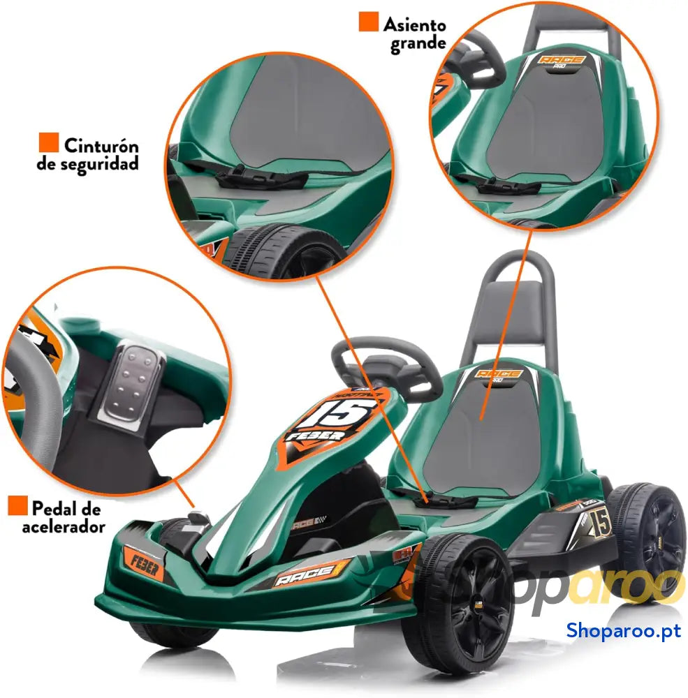 FEBER GO Kart 12 V Carro infantil de fórmula 1 verde estilo desportivo 2 velocidades e entre 3 5 km/h seguro