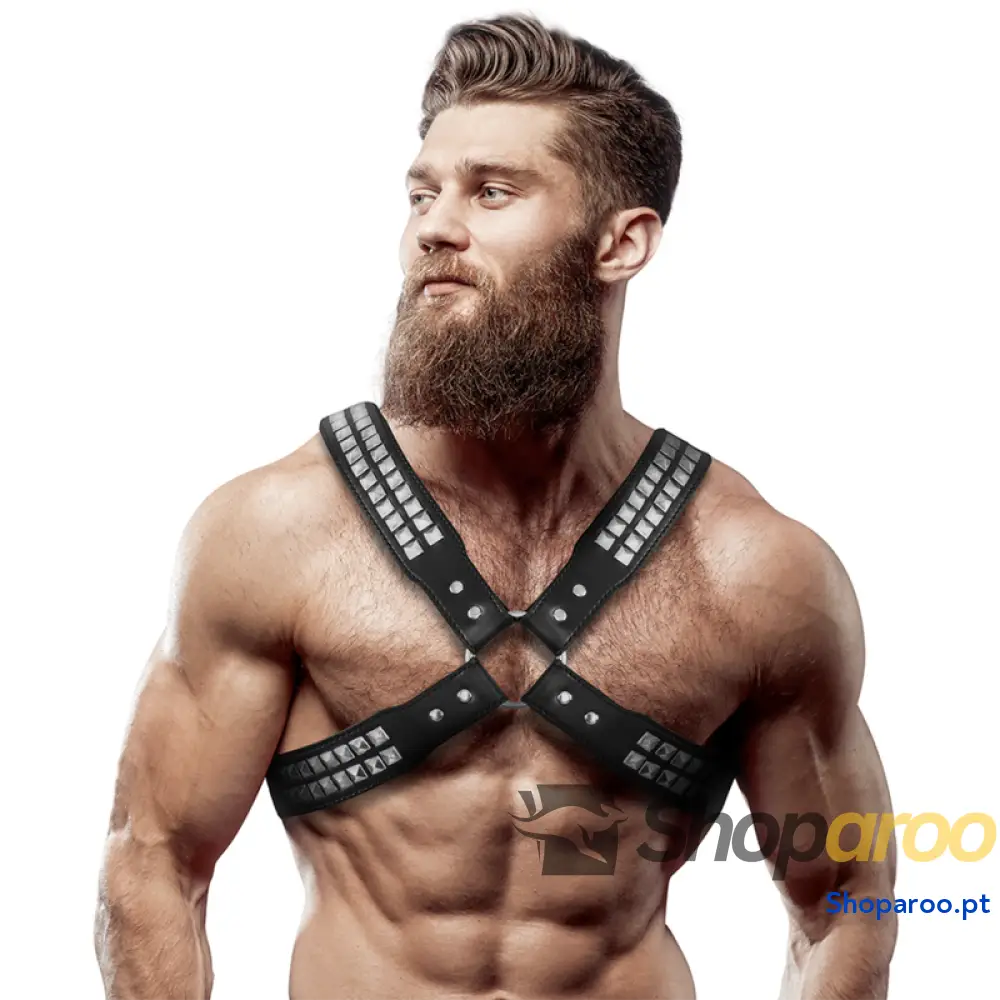 FETISH SUBMISSIVE ATTITUDE - ARNÊS DE COURO ECOLÓGICO COM PEITO CRUZADO E REBITES PARA HOMENS