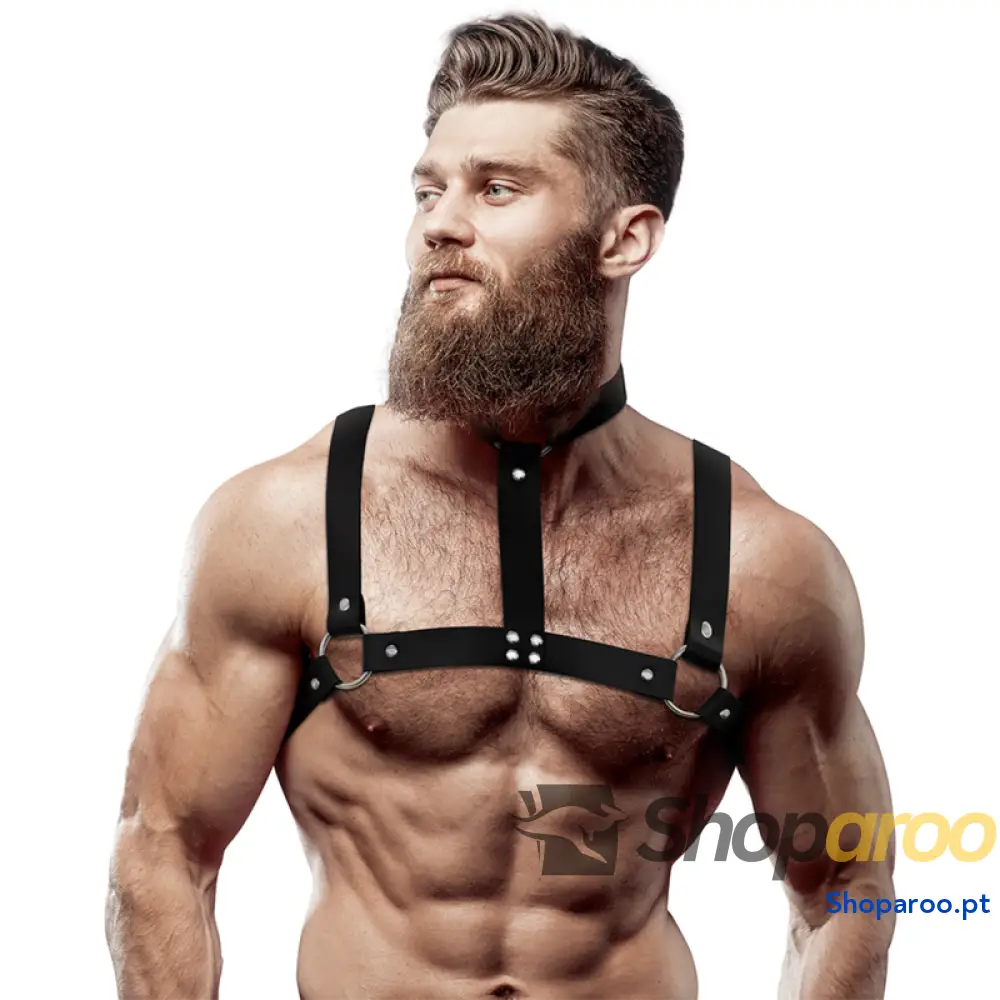 FETISH SUBMISSIVE ATTITUDE - ARNÊS DE PEITO AJUSTVEL DE COURO ECOLÓGICO COM COLAR PARA HOMENS