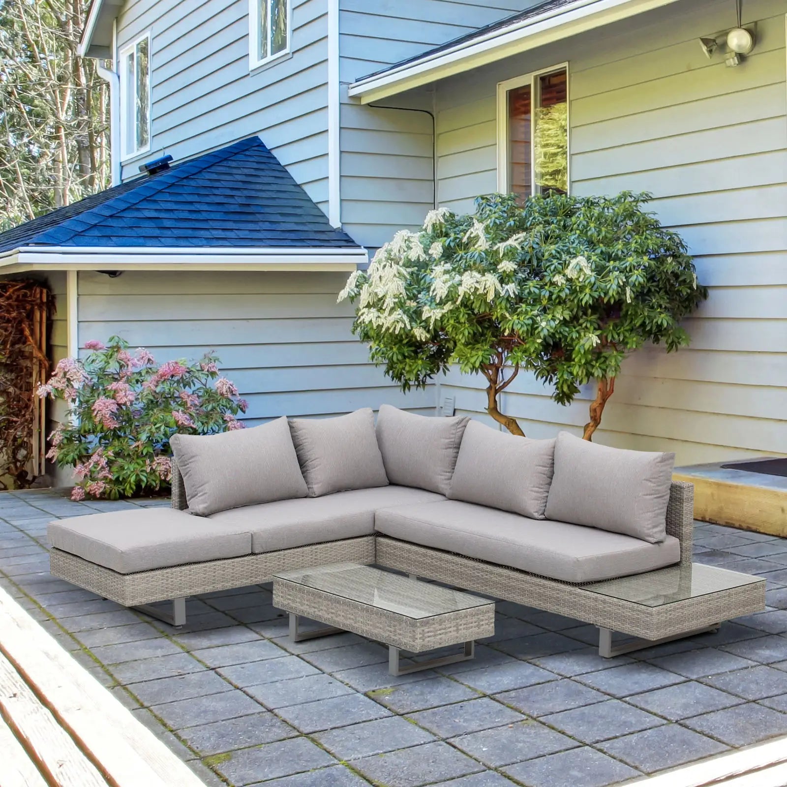Conjunto de Móveis de Vime 3 Peças Mesa de Centro Sofá Duplo e Sofá de 3 Lugares para Terraço Jardim Pátio Cinza
