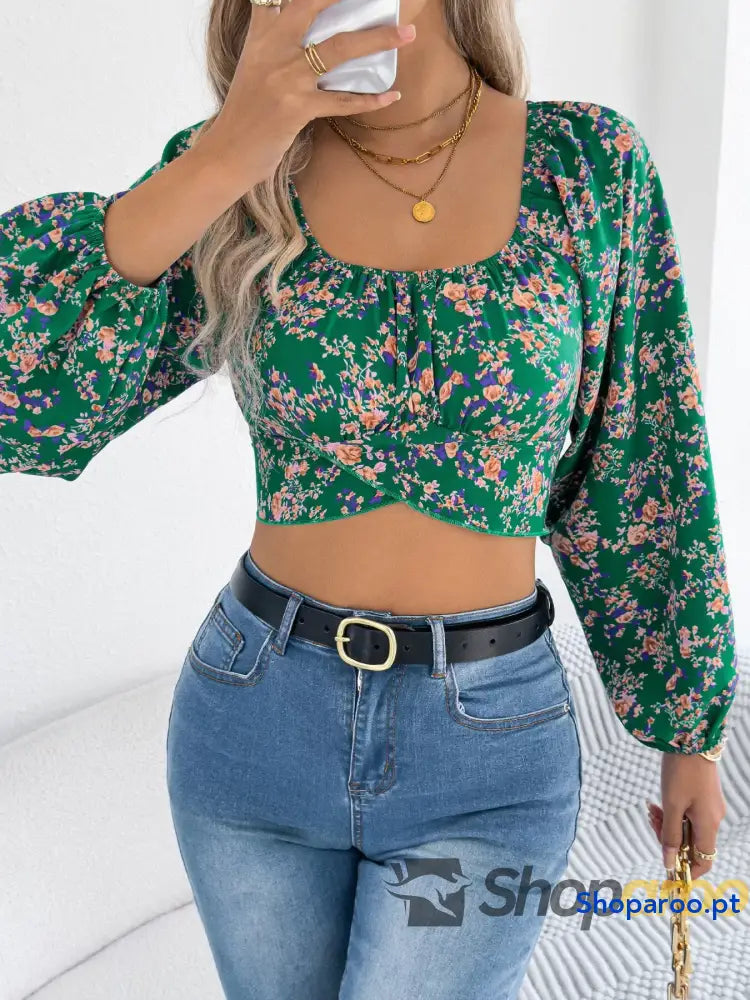 Floral Balloon Sleeve Square Neck Crop Blouse