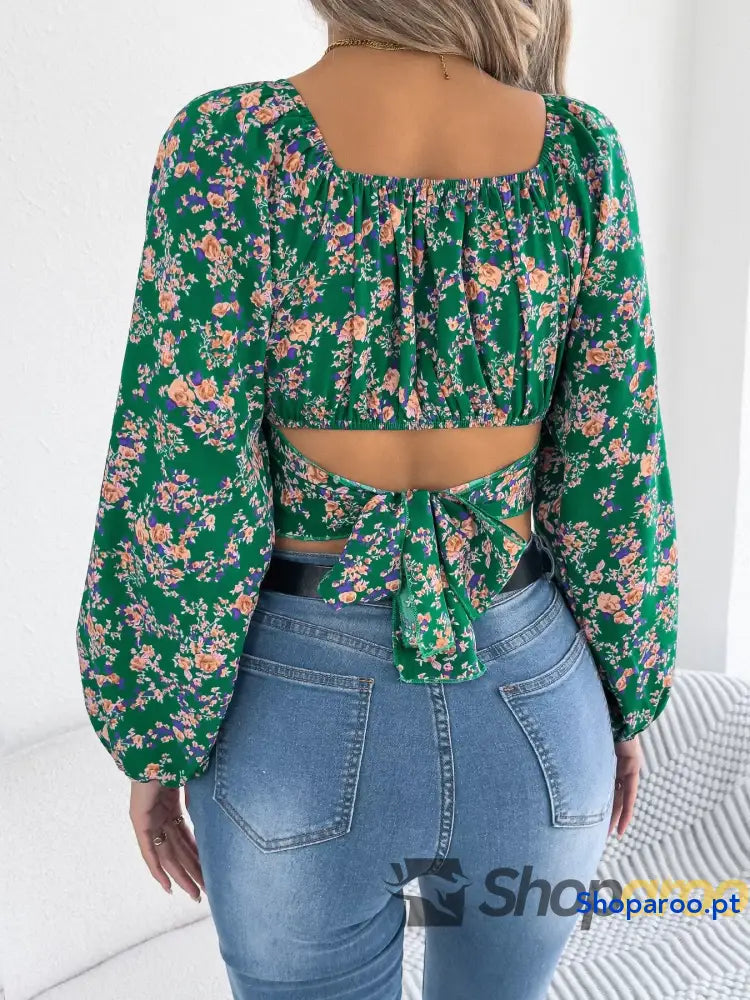 Floral Balloon Sleeve Square Neck Crop Blouse