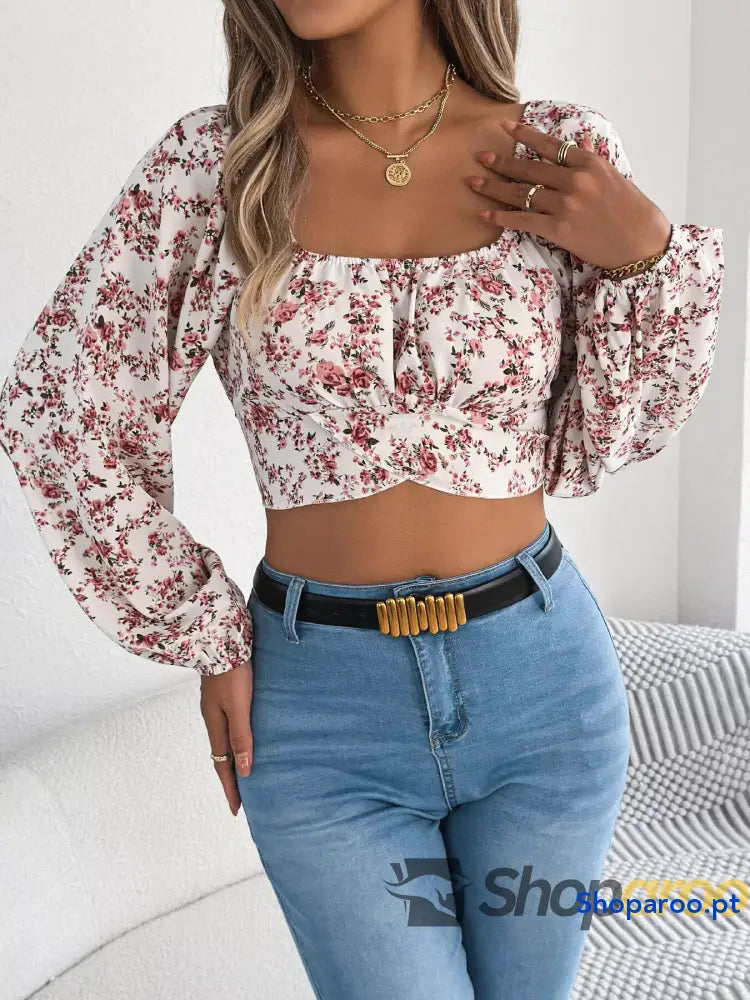Floral Balloon Sleeve Square Neck Crop Blouse