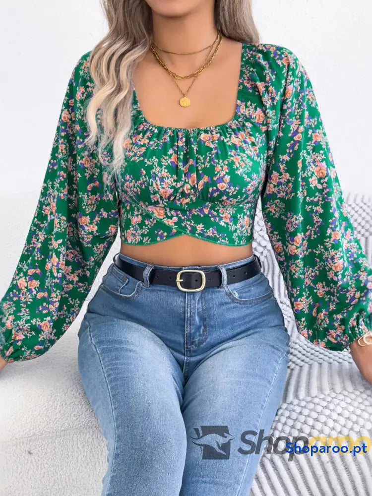 Floral Balloon Sleeve Square Neck Crop Blouse