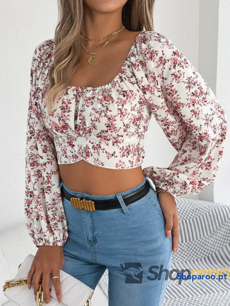 Floral Balloon Sleeve Square Neck Crop Blouse