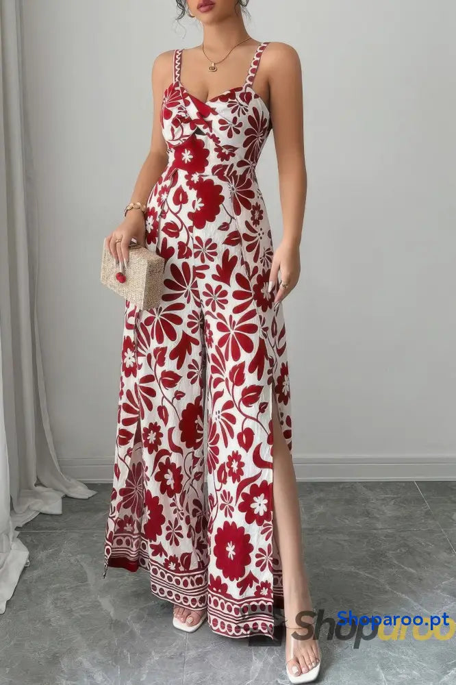 Floral Print High Waist Split Wide Leg Fit Jumpsuit