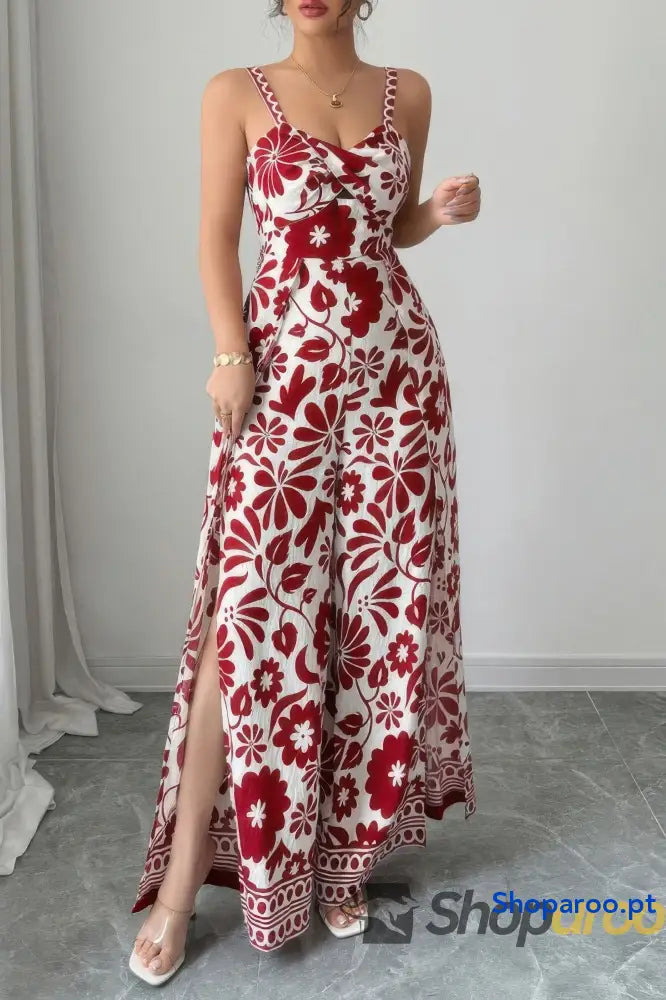 Floral Print High Waist Split Wide Leg Fit Jumpsuit