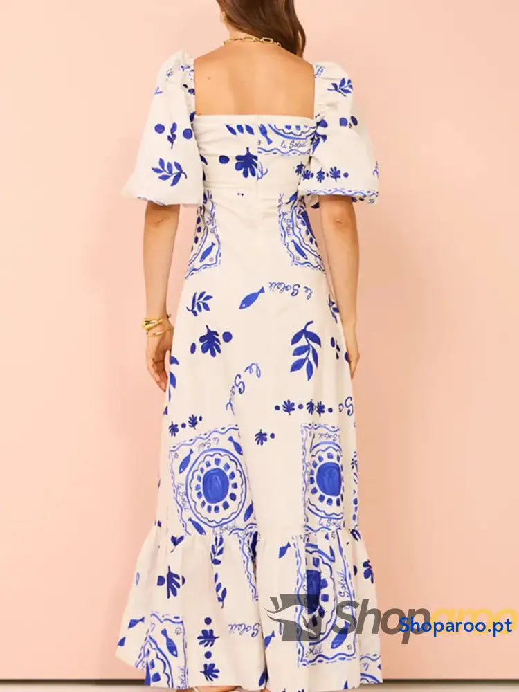 Floral Square Neck Puff Sleeve Maxi Dress with Ruffle Hem