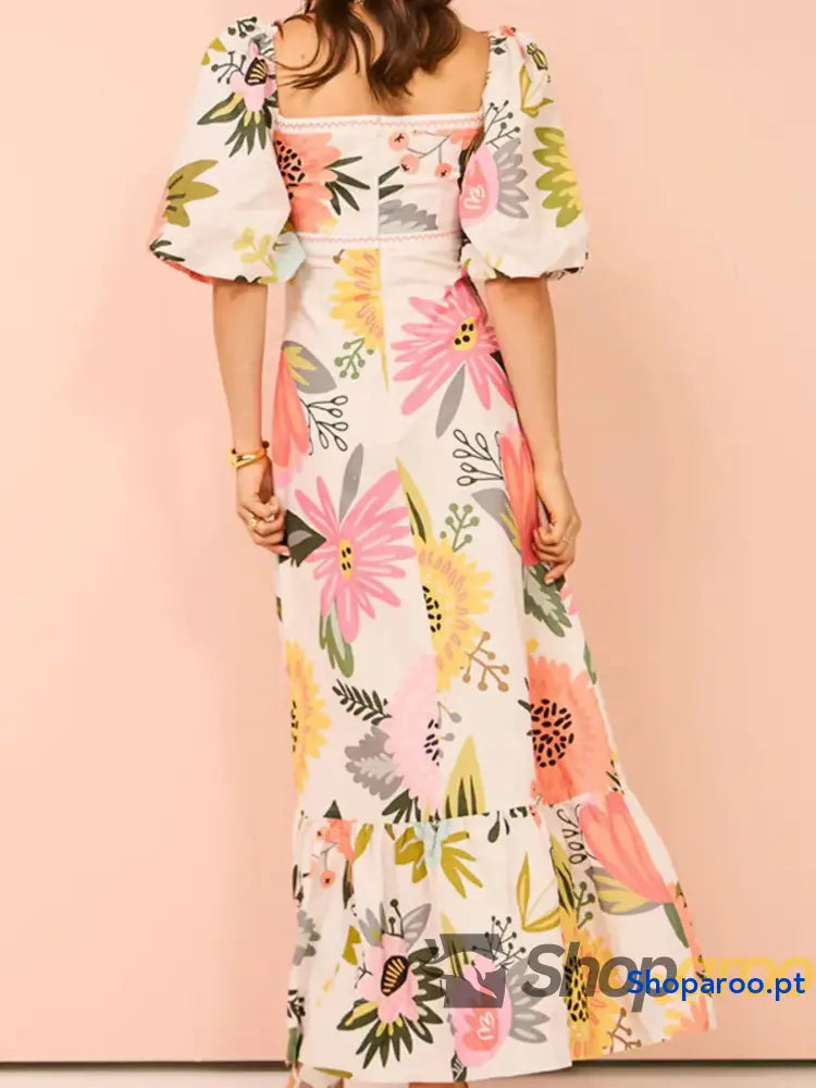 Floral Square Neck Puff Sleeve Maxi Dress with Ruffle Hem
