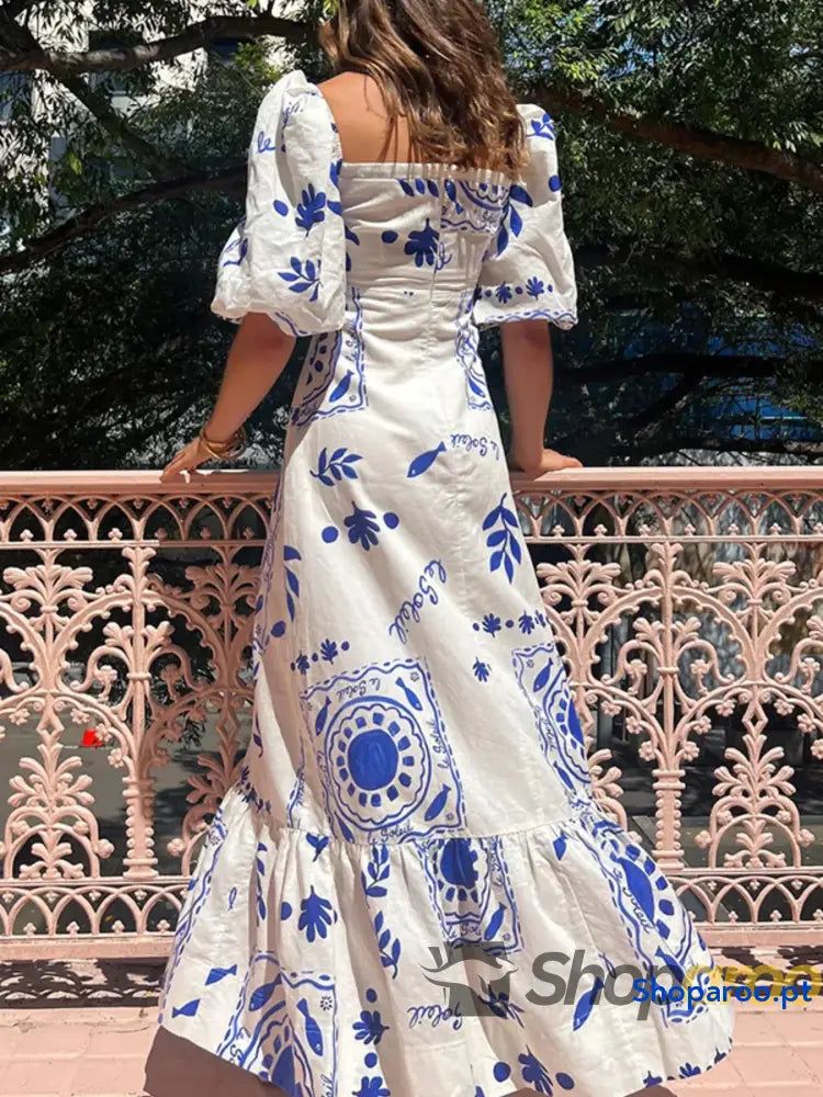 Floral Square Neck Puff Sleeve Maxi Dress with Ruffle Hem