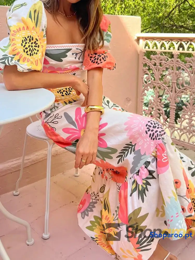 Floral Square Neck Puff Sleeve Maxi Dress with Ruffle Hem