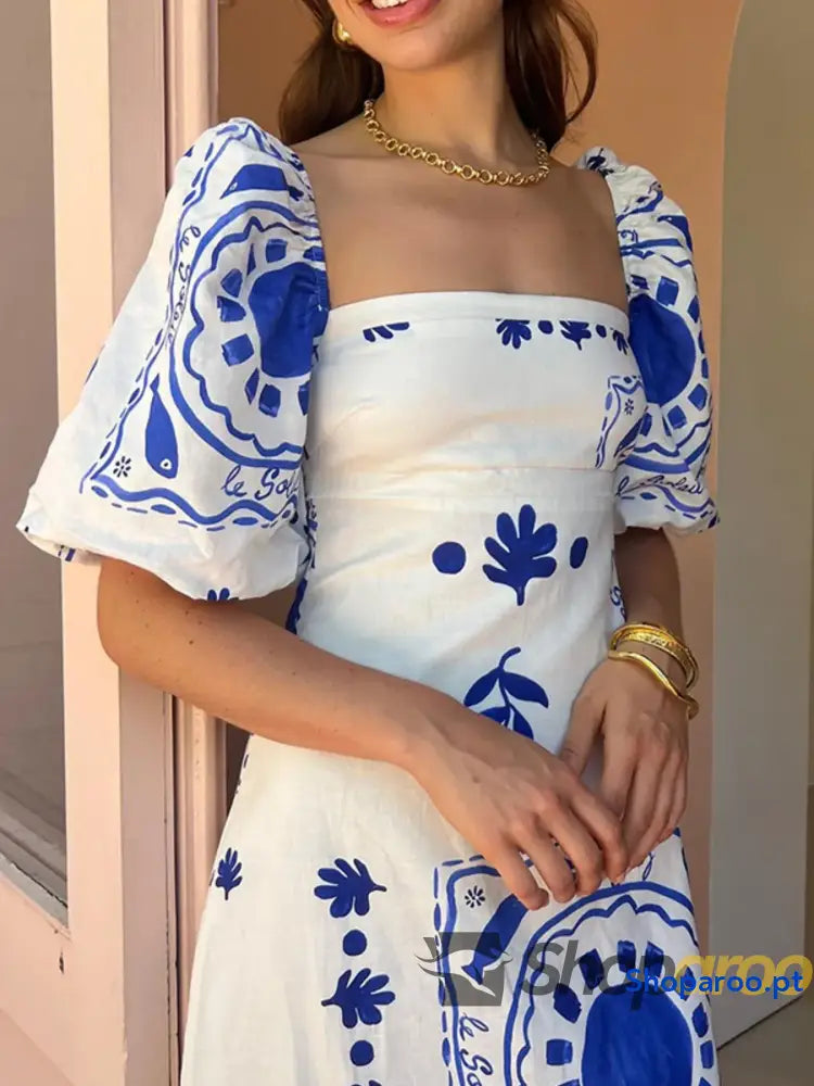 Floral Square Neck Puff Sleeve Maxi Dress with Ruffle Hem
