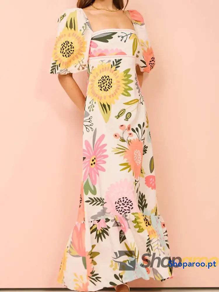 Floral Square Neck Puff Sleeve Maxi Dress with Ruffle Hem