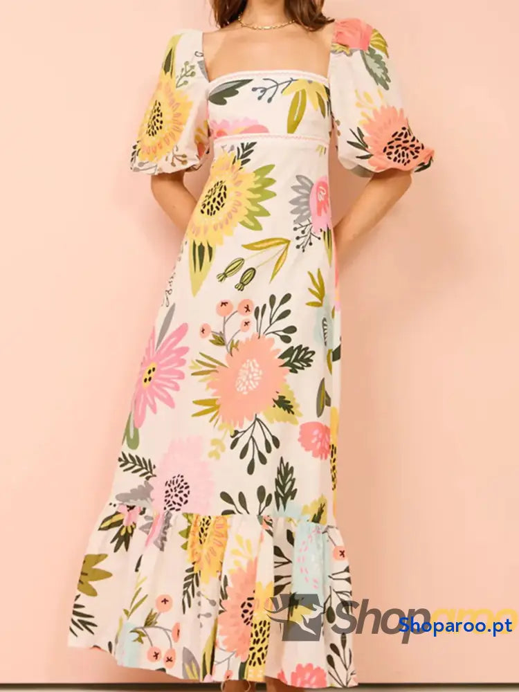 Floral Square Neck Puff Sleeve Maxi Dress with Ruffle Hem