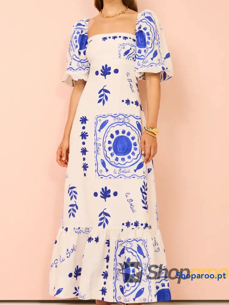 Floral Square Neck Puff Sleeve Maxi Dress with Ruffle Hem