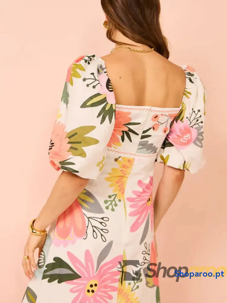 Floral Square Neck Puff Sleeve Maxi Dress with Ruffle Hem