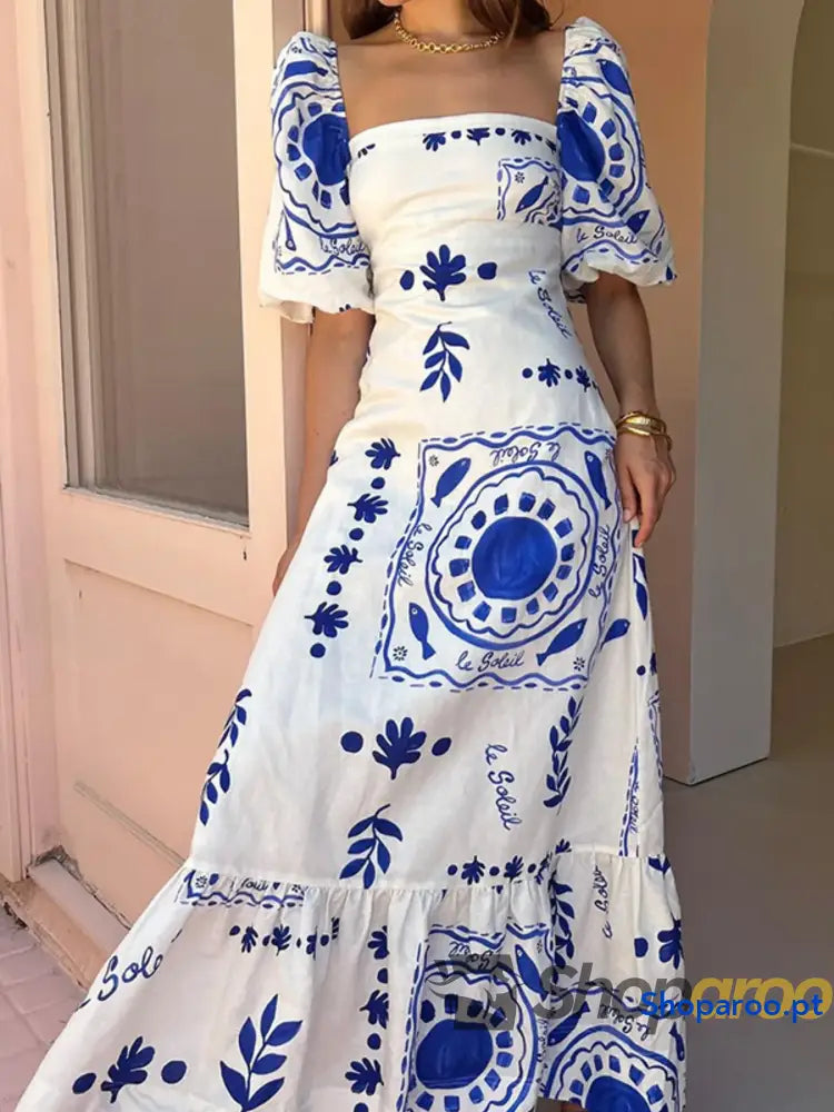 Floral Square Neck Puff Sleeve Maxi Dress with Ruffle Hem