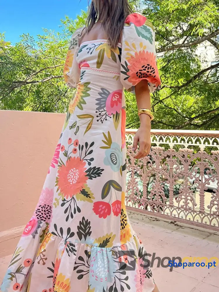 Floral Square Neck Puff Sleeve Maxi Dress with Ruffle Hem