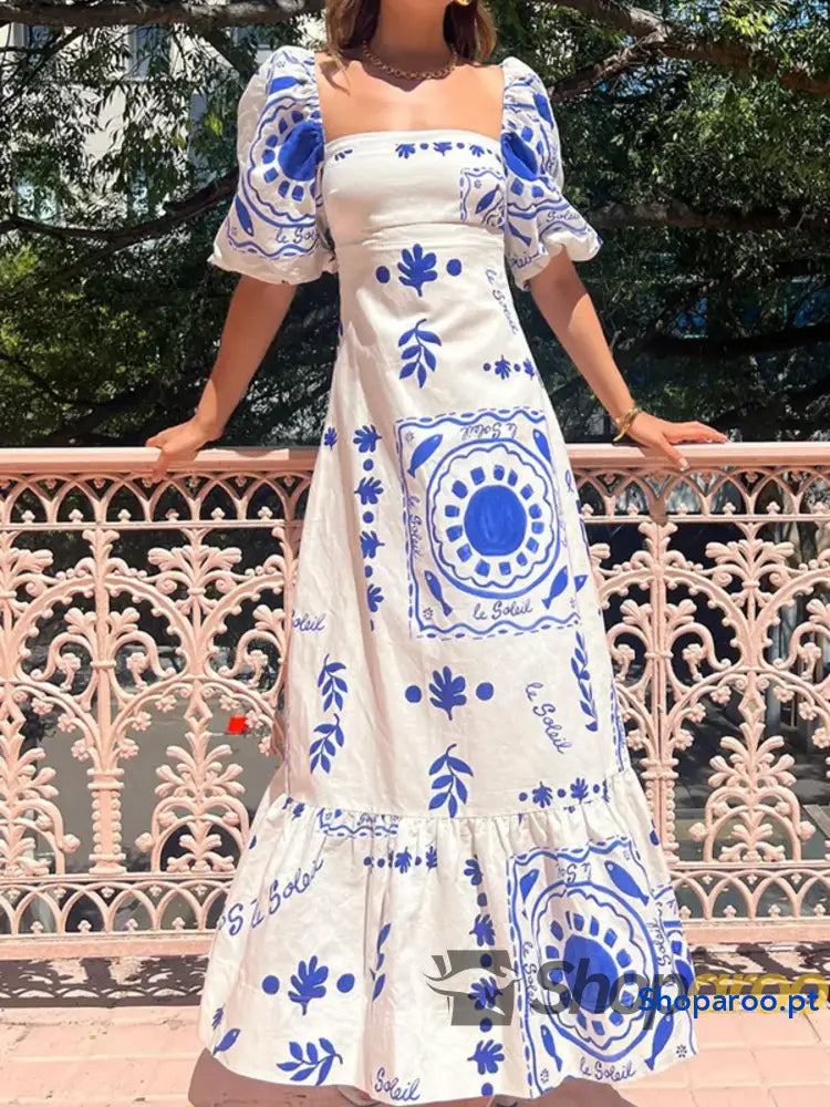 Floral Square Neck Puff Sleeve Maxi Dress with Ruffle Hem