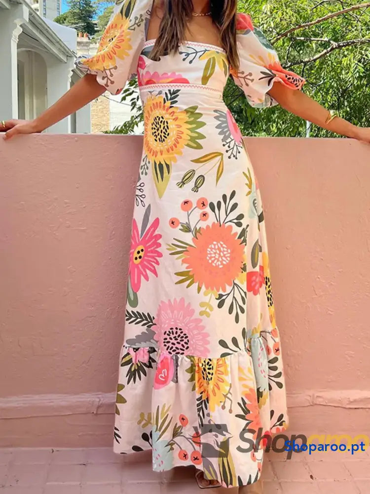 Floral Square Neck Puff Sleeve Maxi Dress with Ruffle Hem
