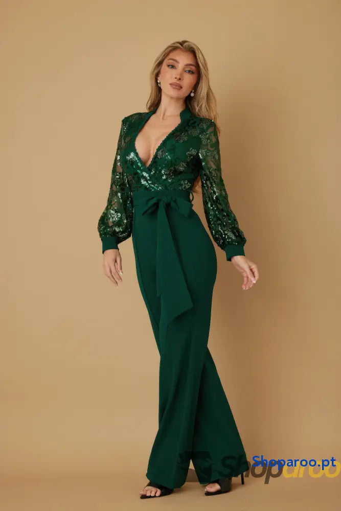 Flower Vein Sequin Print Jumpsuit