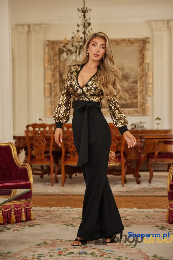 Flower Vein Sequin Print Jumpsuit