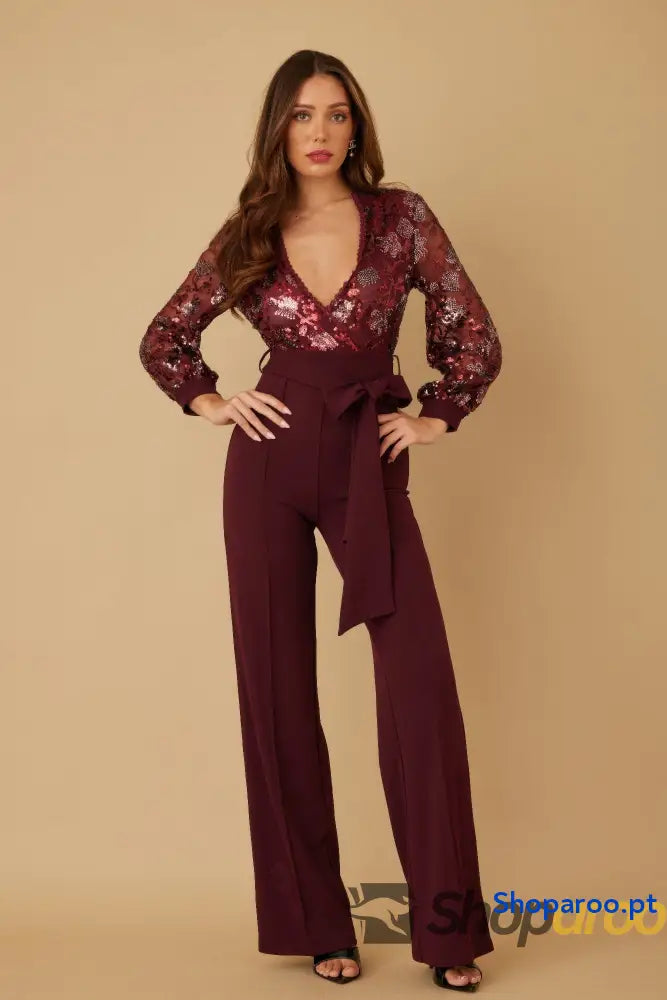 Flower Vein Sequin Print Jumpsuit