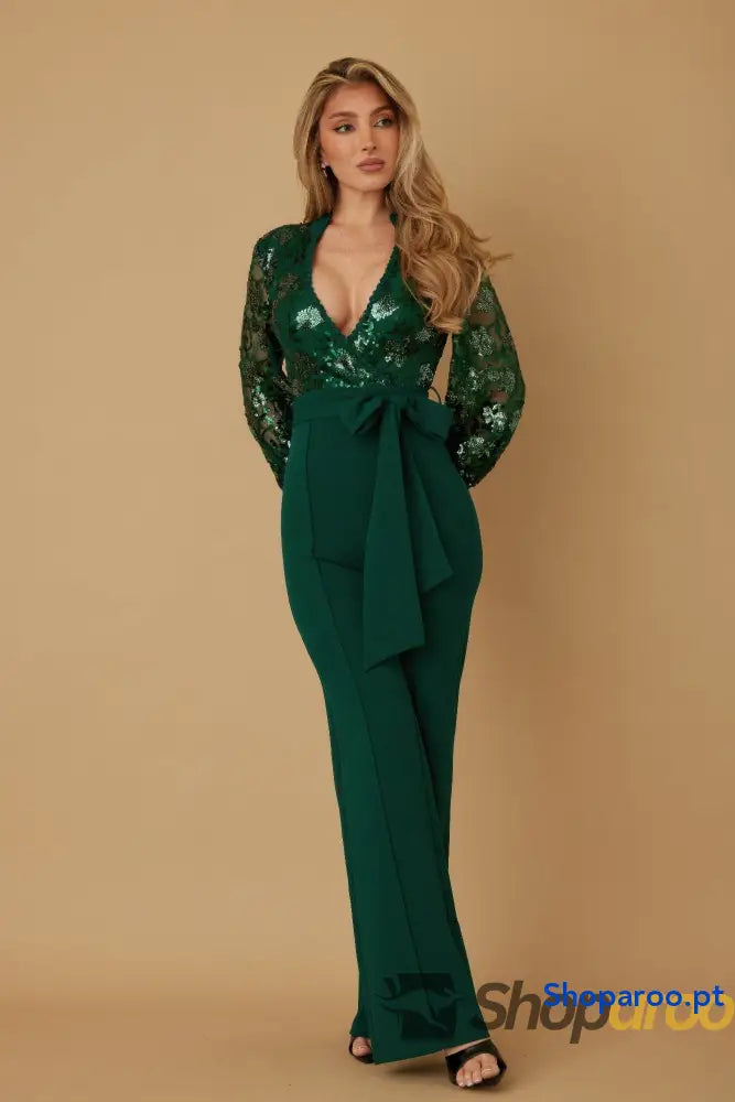 Flower Vein Sequin Print Jumpsuit